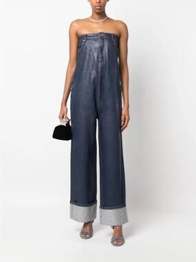Alexander Wang Coated Denim Crystal Cuff Strapless Jumpsuit Size 00 Indigo